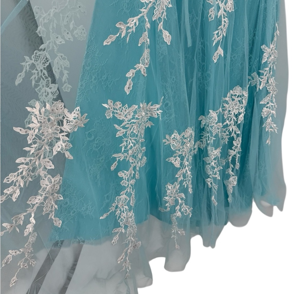 Jovani Turquoise Long Appliqued High Slit Sheath Gown NEW Size 4 Mermaid JVN - Picture 9 of 16